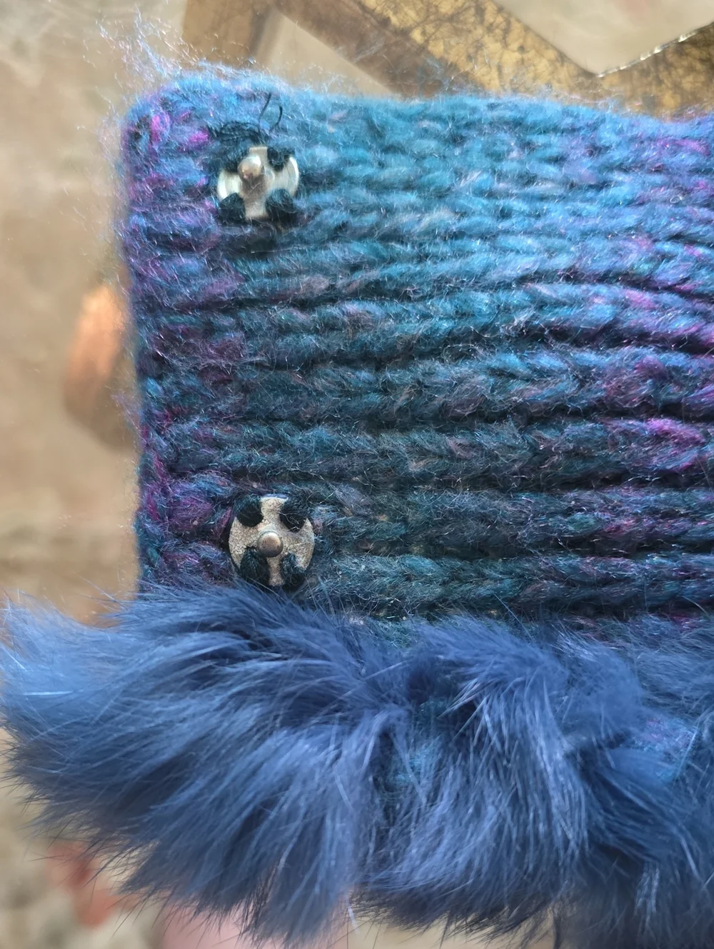 Candie's Y2K Teal‎ Blue Pink Knit Headband Faux Fur Trim Accessory Neck Collar